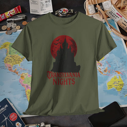 Transylvania Nights Tee – Gothic Castle Under Crimson Moon | Layover Club Air Travel T-Shirts | Jetsetter, Airport, and International Flight Tees