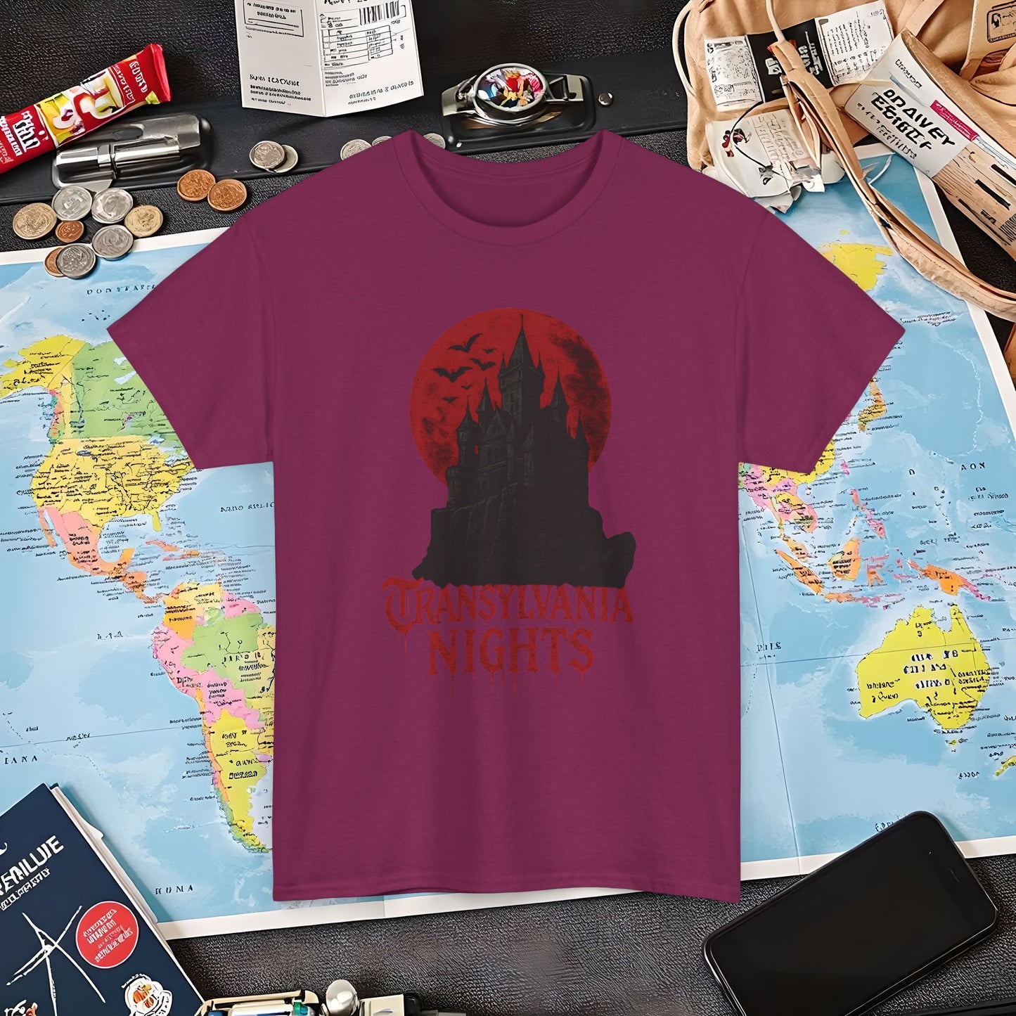 Transylvania Nights Tee – Gothic Castle Under Crimson Moon | Layover Club Air Travel T-Shirts | Jetsetter, Airport, and International Flight Tees