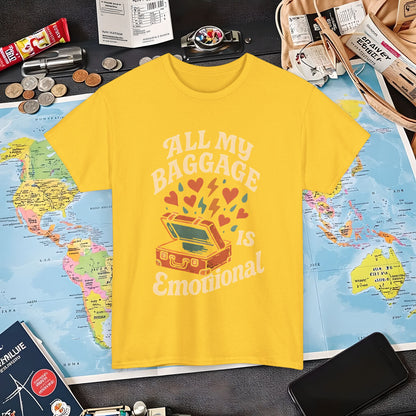 All My Baggage Is Emotional – Retro Suitcase Overflowing with Feelings Tee Air Travel T-Shirts | Jetsetter, Airport, and International Flight Tees