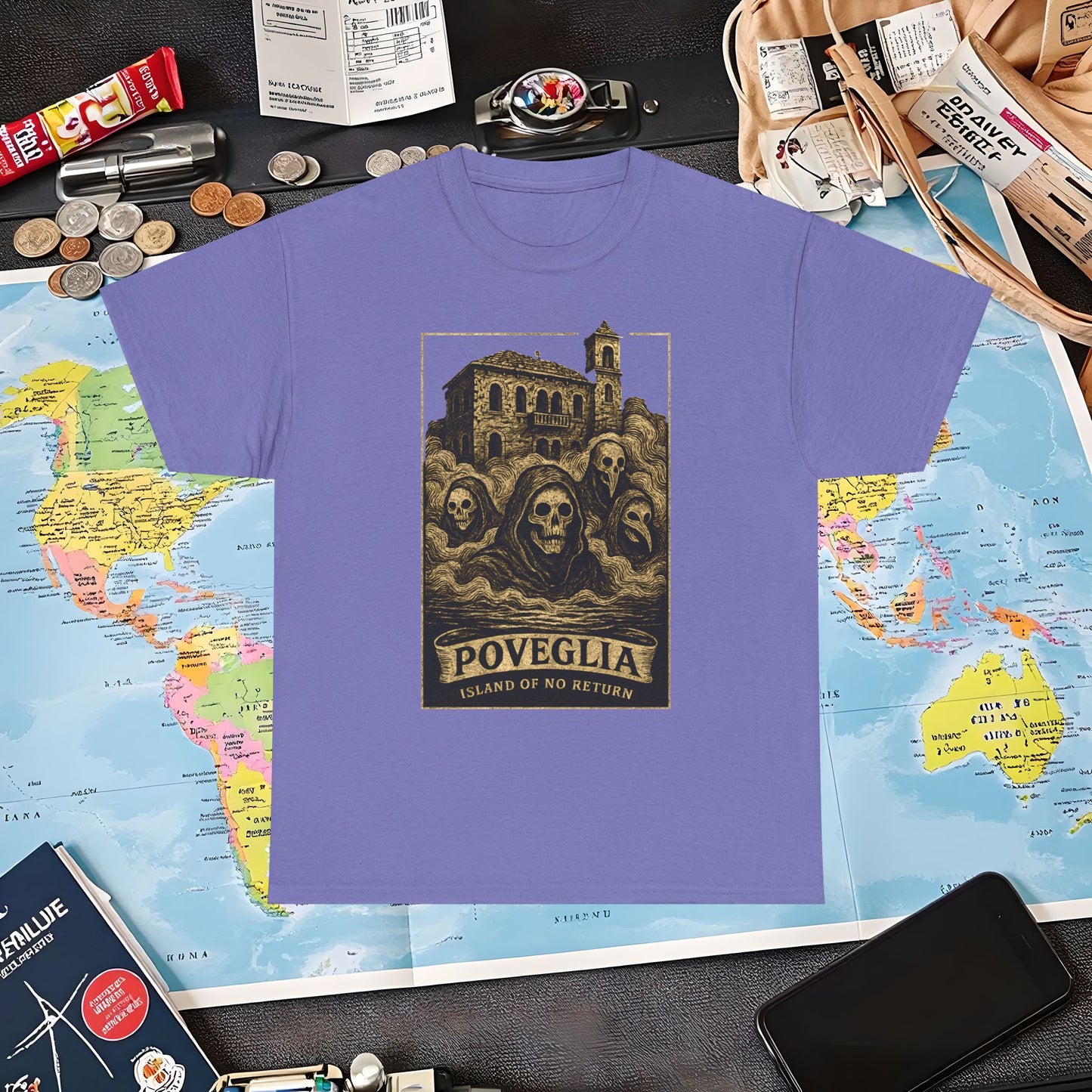Poveglia Haunt – Ghostly Apparitions in Venetian Fog Tee – Haunted Italy Travel Shirt | Layover Club Air Travel T-Shirts | Jetsetter, Airport, and International Flight Tees