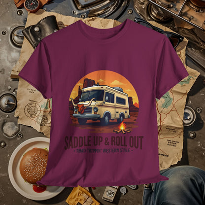 Saddle Up and Roll out Road Trip & Vehicle Travel T-Shirts | Car, RV, and Motorcycle Adventure Tees