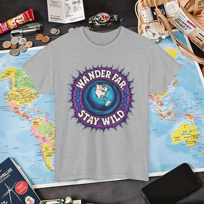 Wander Far, Stay Wild T-Shirt – Globe Burst Adventure Design Air Travel T-Shirts | Jetsetter, Airport, and International Flight Tees
