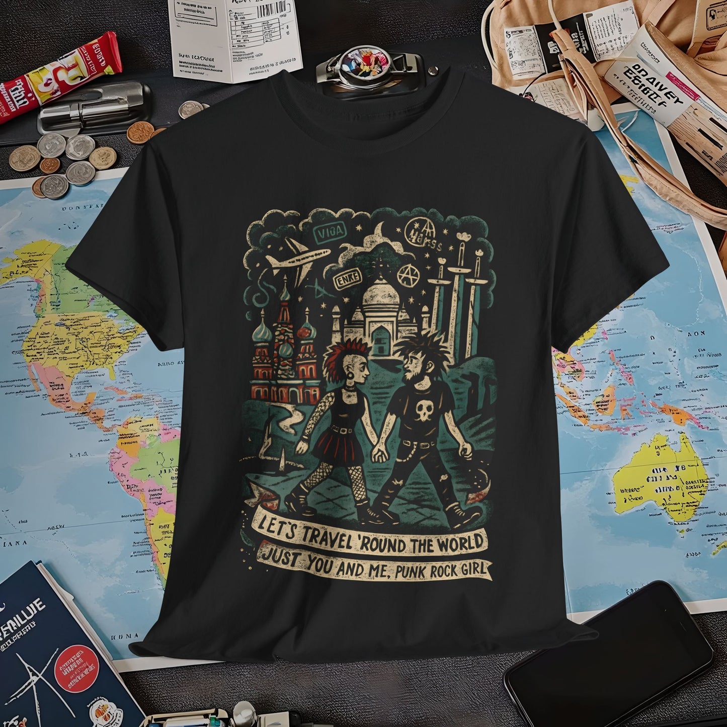 Let’s Travel 'Round the World, Just You and Me – Punk Rock Girl Global Adventure Tee Air Travel T-Shirts | Jetsetter, Airport, and International Flight Tees