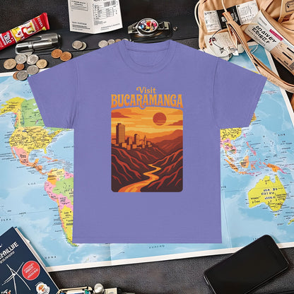 Retro Bucaramanga Skyline & Chicamocha Canyon Sunset – Vintage Colombia Travel Tee | Layover Club Air Travel T-Shirts | Jetsetter, Airport, and International Flight Tees