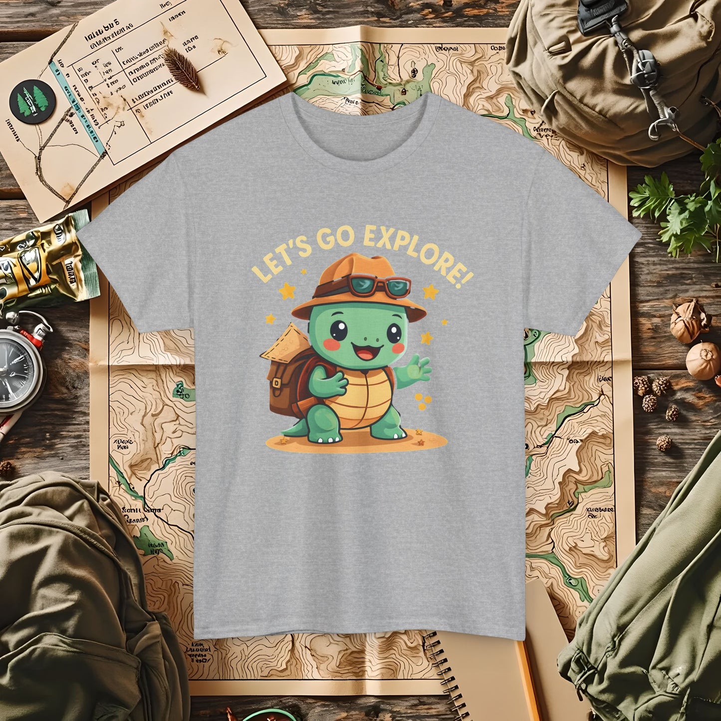 Let’s Go Explore T-Shirt – Cute Turtle Explorer with Travel Gear Design | Camping, Hiking, Rafting & Kayaking Tees for Nature Lovers