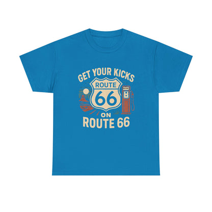 Get Your Kicks on Route 66 T-Shirt – Vintage Desert Scene with Classic Gas Pump & Roadside Vibes Road Trip & Vehicle Travel T-Shirts | Car, RV, and Motorcycle Adventure Tees