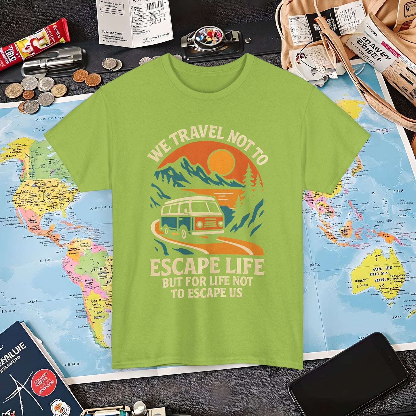 Travel Not to Escape Life – Retro Van & Sunset Road Adventure Tee | Layover Club Air Travel T-Shirts | Jetsetter, Airport, and International Flight Tees