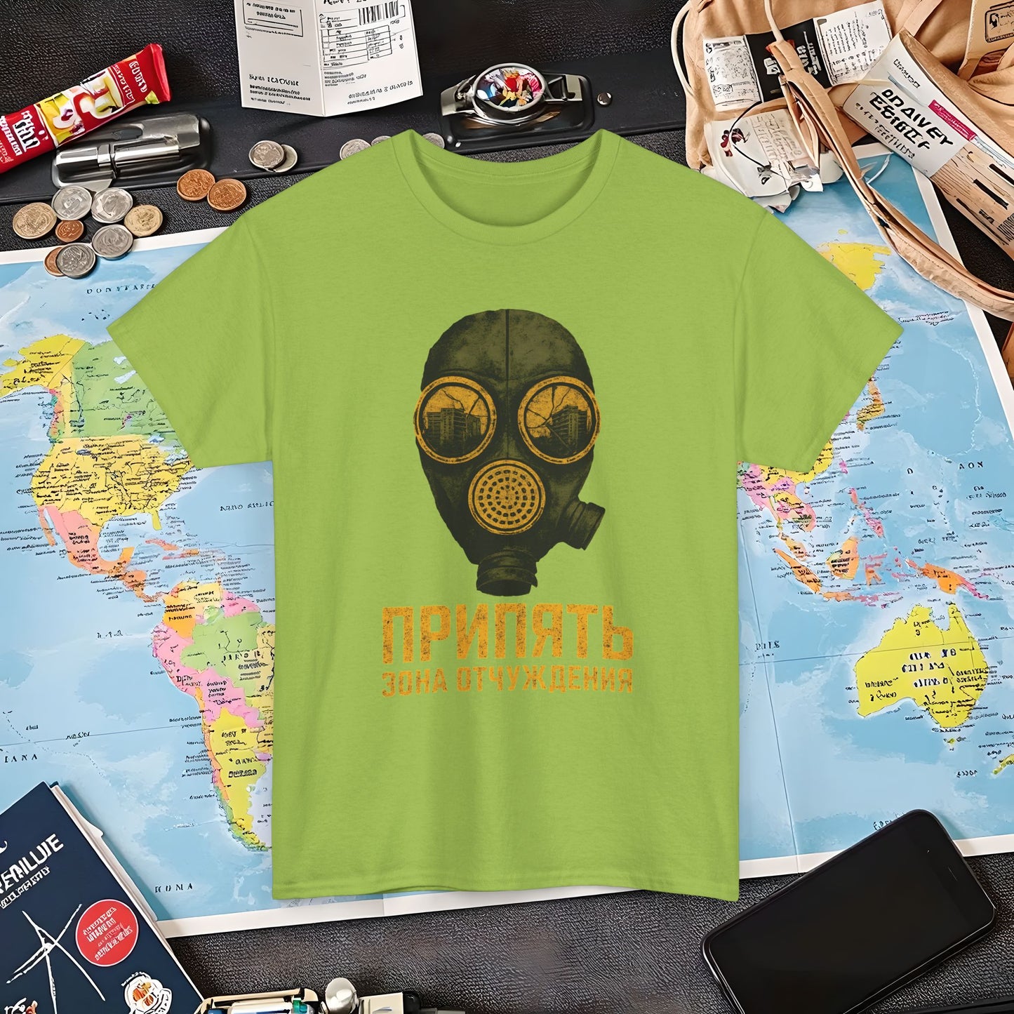 Pripyat Gas Mask with Ruined Apartment Reflection Tee – Chernobyl Dark Tourism Shirt | Layover Club Air Travel T-Shirts | Jetsetter, Airport, and International Flight Tees