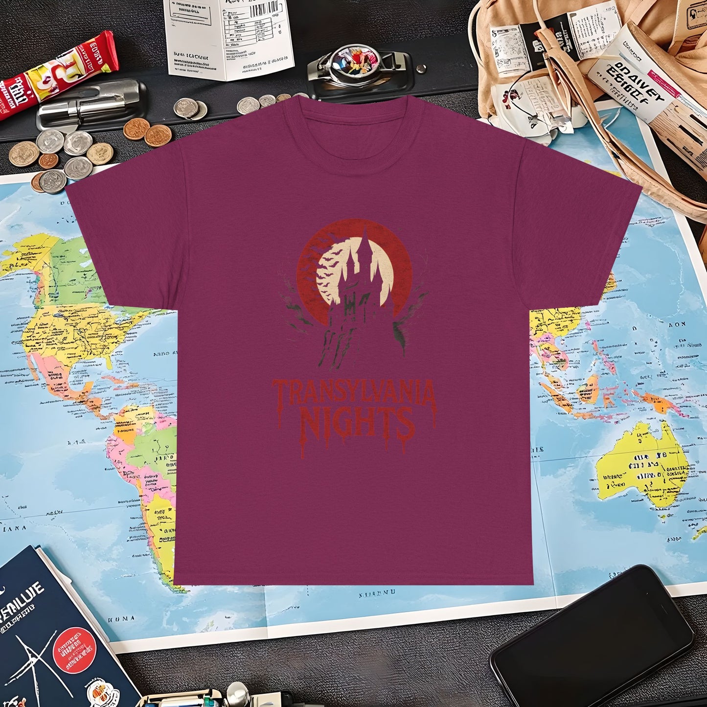 Gothic Transylvania Castle under Crimson Moon Tee – Dark Travel Romania Shirt | Layover Club Air Travel T-Shirts | Jetsetter, Airport, and International Flight Tees