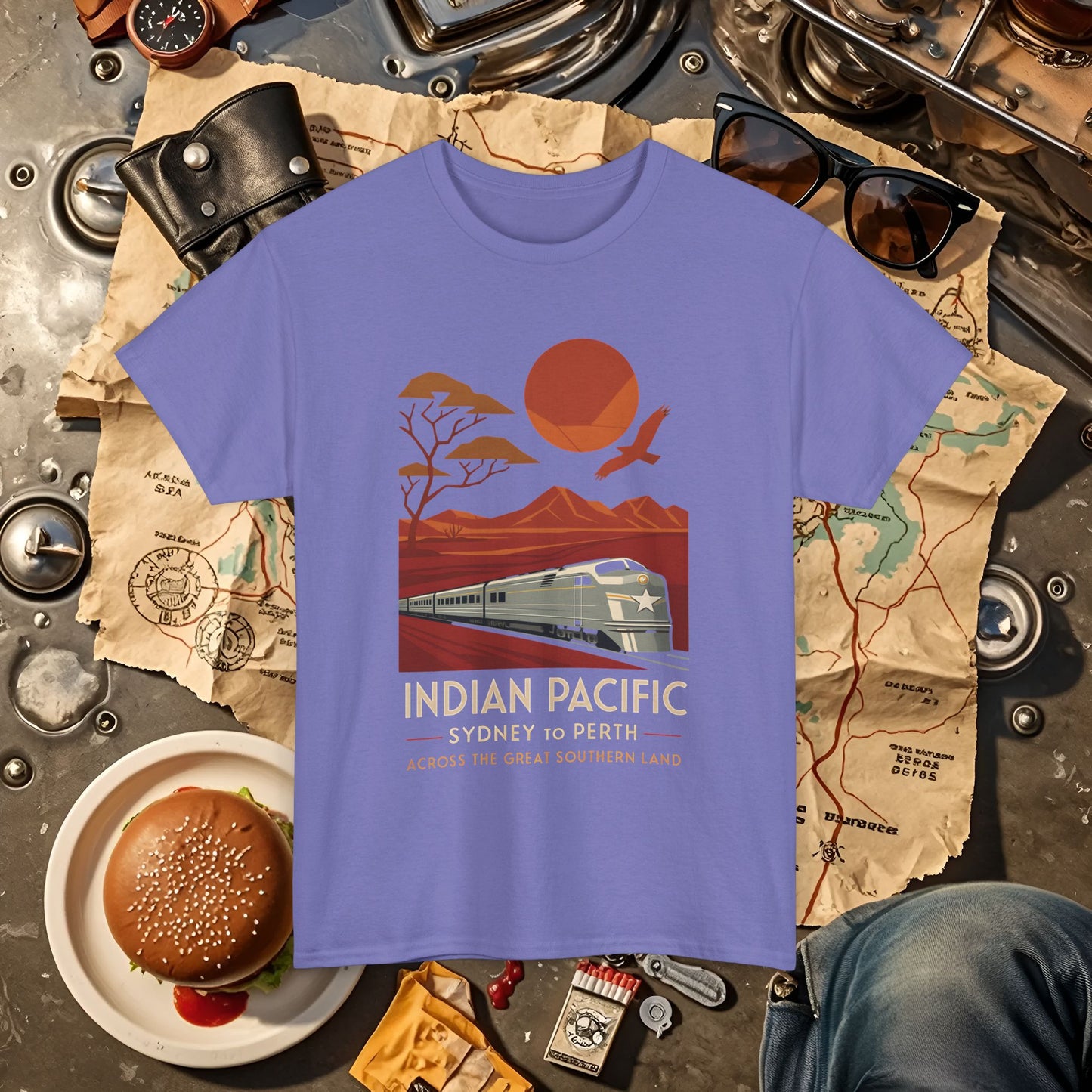 Australian Indian Pacific – Art Deco Desert Crossing Train Tee Road Trip & Vehicle Travel T-Shirts | Car, RV, and Motorcycle Adventure Tees