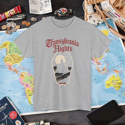 Transylvania Nights Gothic Castle Silhouette Tee – Dark Travel Romania Shirt | Layover Club Air Travel T-Shirts | Jetsetter, Airport, and International Flight Tees