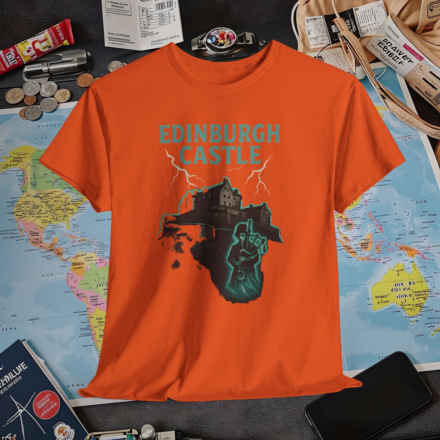 Ghostly Edinburgh Castle & Spectral Bagpiper Tee – Haunted Scotland Dark Tourism Shirt | Layover Club Air Travel T-Shirts | Jetsetter, Airport, and International Flight Tees