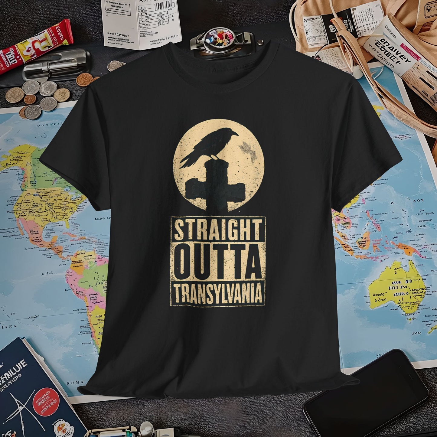 Straight Outta Transylvania Raven Cross Tee – Gothic Travel Romania Shirt | Layover Club Air Travel T-Shirts | Jetsetter, Airport, and International Flight Tees