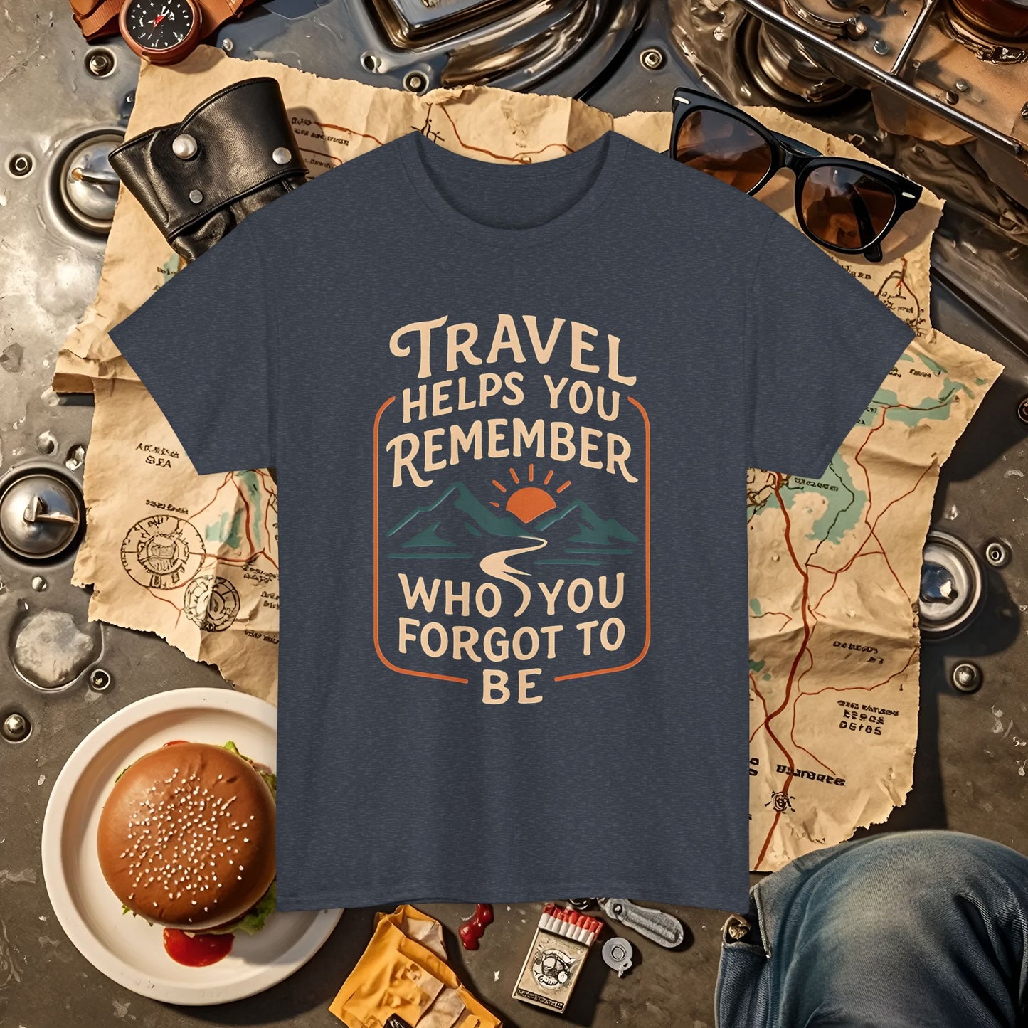 Travel Helps You Remember Who You Forgot to Be Tee – Retro Mountain Road Quote Shirt Road Trip & Vehicle Travel T-Shirts | Car, RV, and Motorcycle Adventure Tees