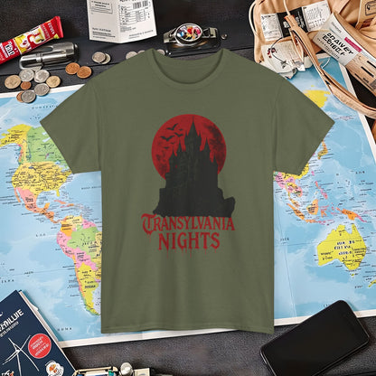 Transylvania Nights Tee – Gothic Castle Under Crimson Moon | Layover Club Air Travel T-Shirts | Jetsetter, Airport, and International Flight Tees