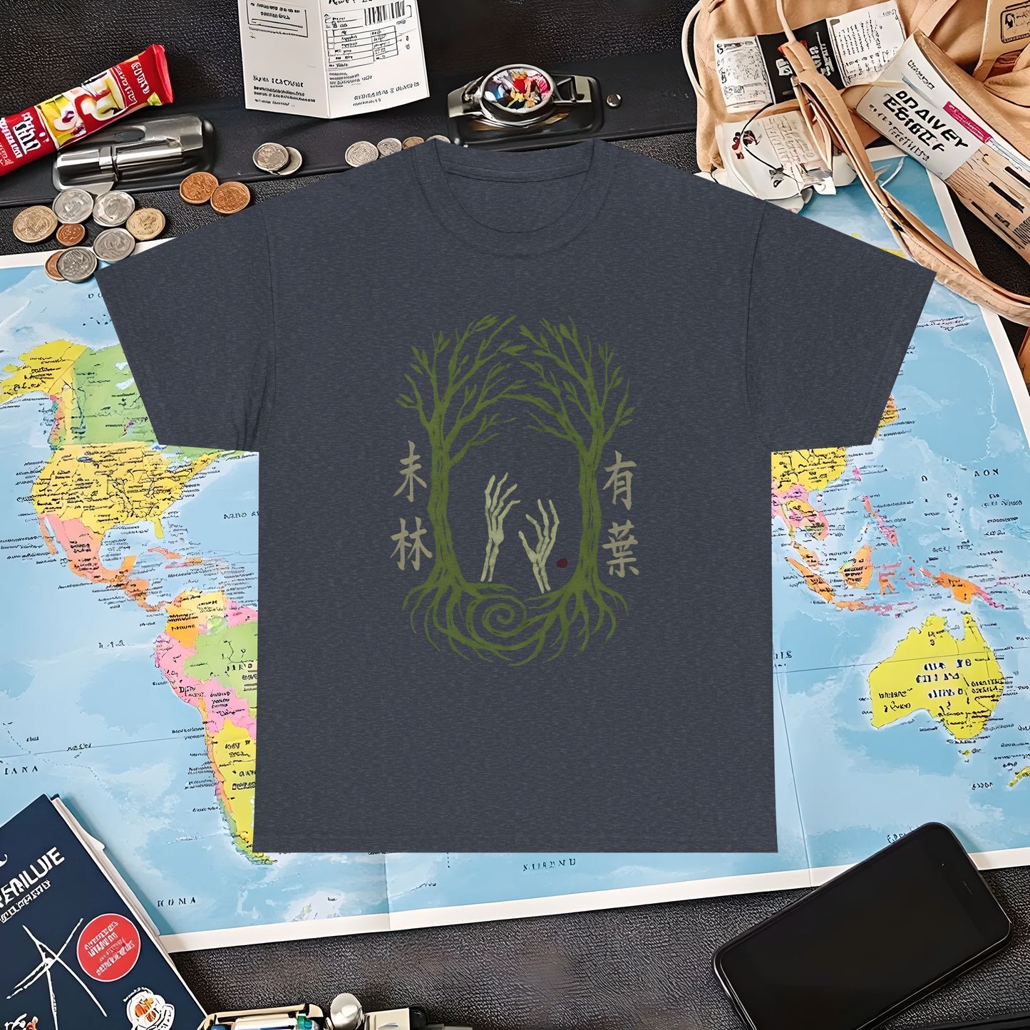 Aokigahara Tree Tunnel with Rising Skeleton Hands Tee – Haunted Japan Travel Shirt | Layover Club Air Travel T-Shirts | Jetsetter, Airport, and International Flight Tees