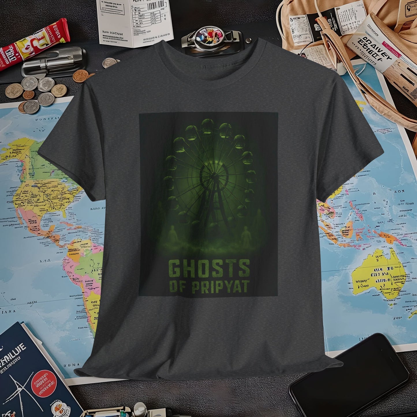 Neon Green Pripyat Ferris Wheel & Ghostly Silhouettes Tee – Chernobyl Dark Tourism Shirt | Layover Club Air Travel T-Shirts | Jetsetter, Airport, and International Flight Tees