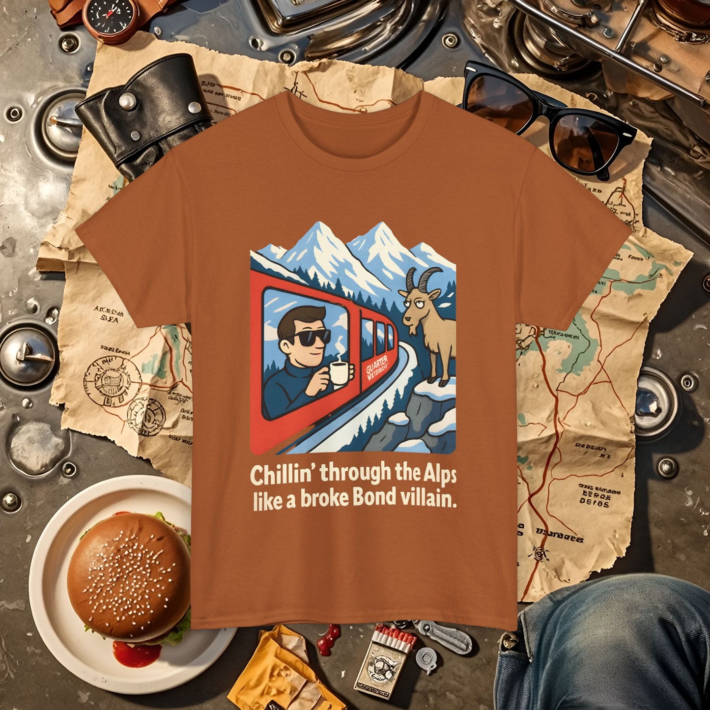 Glacier Express Chill Tee – Skeptical Goat in the Alps Vibe Road Trip & Vehicle Travel T-Shirts | Car, RV, and Motorcycle Adventure Tees