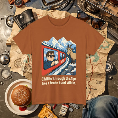 Glacier Express Chill Tee – Skeptical Goat in the Alps Vibe Road Trip & Vehicle Travel T-Shirts | Car, RV, and Motorcycle Adventure Tees