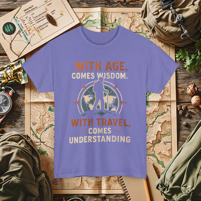 With Age Comes Wisdom, With Travel Comes Understanding Tee – Explorer Compass Design | Camping, Hiking, Rafting & Kayaking Tees for Nature Lovers