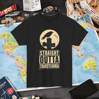Straight Outta Transylvania Raven Cross Tee – Gothic Travel Romania Shirt | Layover Club Air Travel T-Shirts | Jetsetter, Airport, and International Flight Tees
