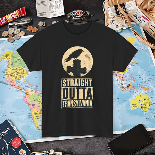 Straight Outta Transylvania Raven Cross Tee – Gothic Travel Romania Shirt | Layover Club Air Travel T-Shirts | Jetsetter, Airport, and International Flight Tees