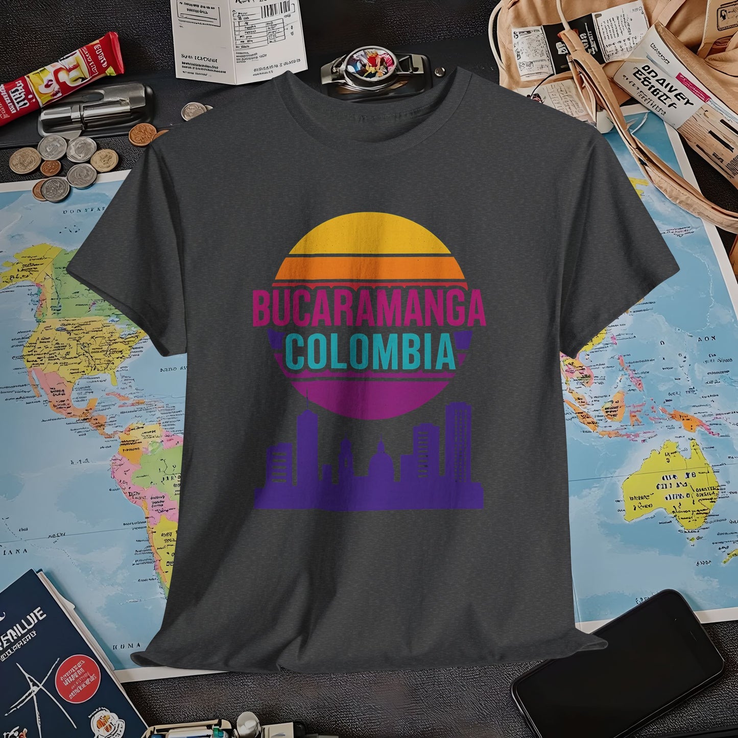 Retro Bucaramanga Skyline Sunset Tee – Vintage Colombia Travel Shirt| Layover Club Air Travel T-Shirts | Jetsetter, Airport, and International Flight Tees