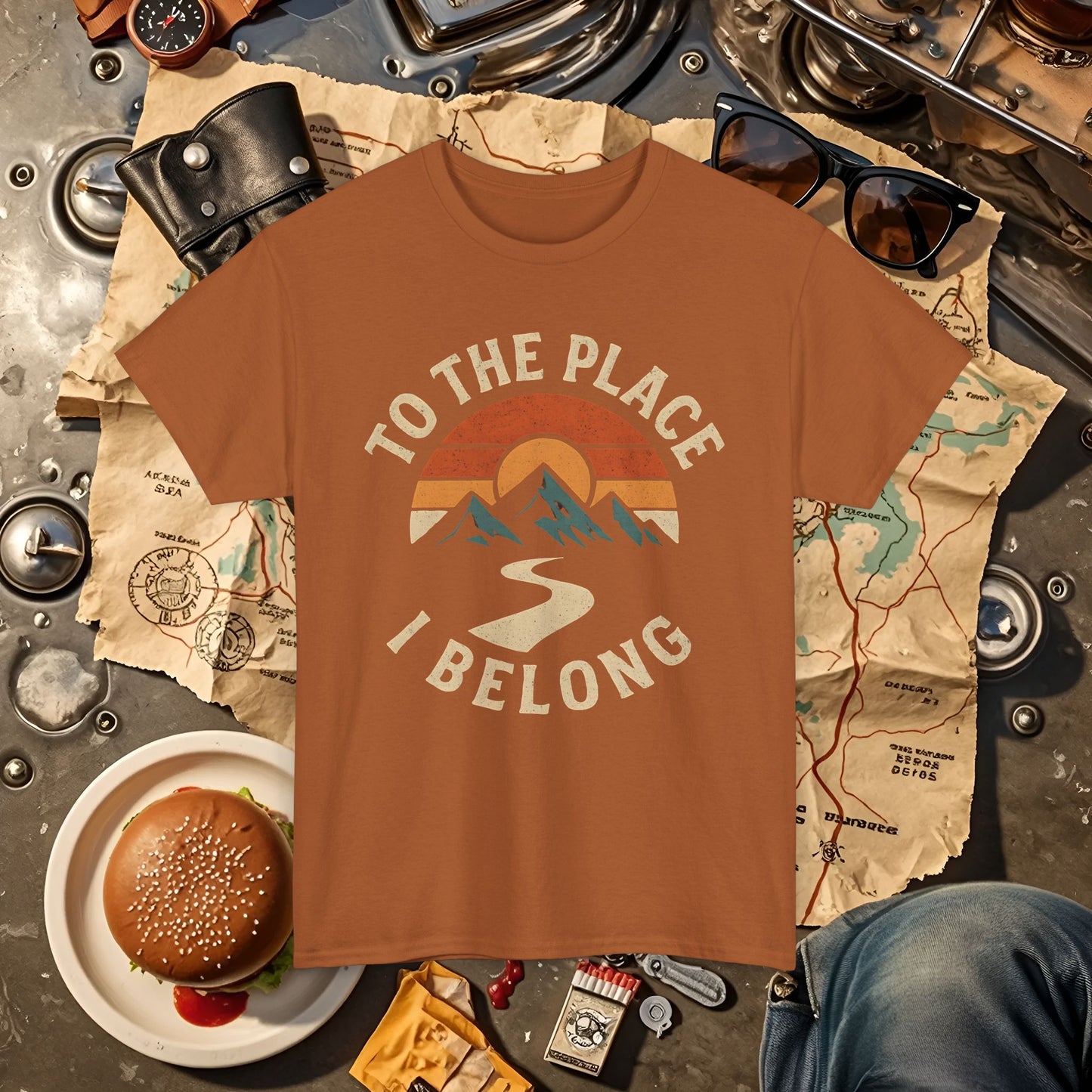 To the Place I Belong T-Shirt – Retro Sunset Mountain Road Travel Badge Road Trip & Vehicle Travel T-Shirts | Car, RV, and Motorcycle Adventure Tees