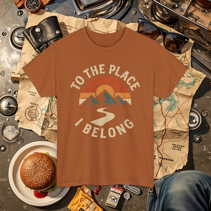 To the Place I Belong T-Shirt – Retro Sunset Mountain Road Travel Badge Road Trip & Vehicle Travel T-Shirts | Car, RV, and Motorcycle Adventure Tees