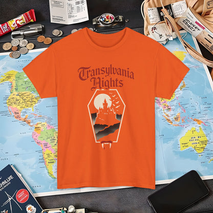 Transylvania Nights Gothic Castle Silhouette Tee – Dark Travel Romania Shirt | Layover Club Air Travel T-Shirts | Jetsetter, Airport, and International Flight Tees