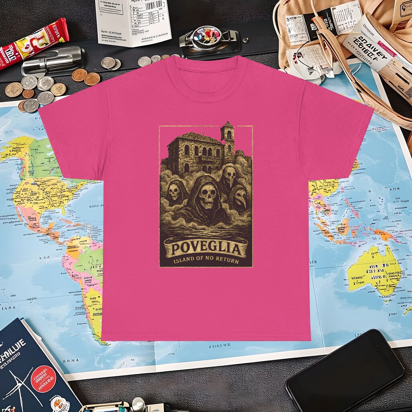 Poveglia Haunt – Ghostly Apparitions in Venetian Fog Tee – Haunted Italy Travel Shirt | Layover Club Air Travel T-Shirts | Jetsetter, Airport, and International Flight Tees