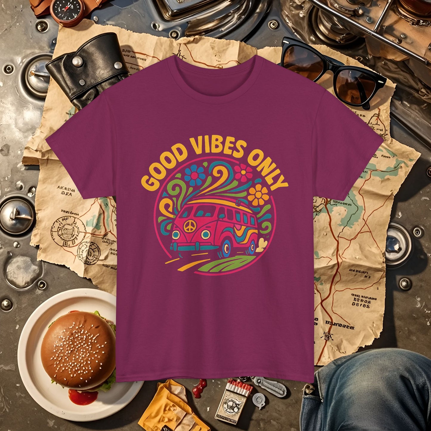 Good Vibes Only T-Shirt – Retro Hippie Van with 70s-Inspired Positivity Road Trip & Vehicle Travel T-Shirts | Car, RV, and Motorcycle Adventure Tees