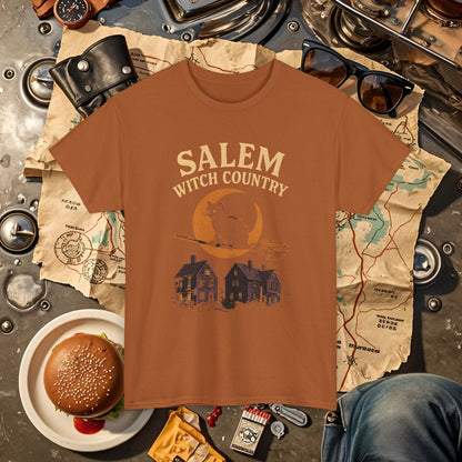 Salem Witch Country Black Cat & Moon Graphic Tee – Gothic Massachusetts Travel Shirt | Car, RV, and Motorcycle Adventure Tees