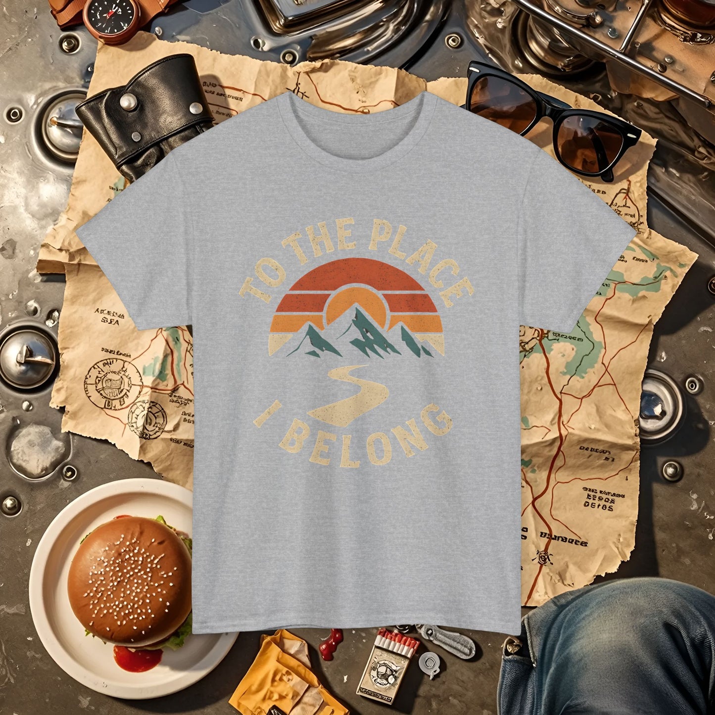 To the Place I Belong T-Shirt – Retro Sunset Mountain Road Travel Badge Road Trip & Vehicle Travel T-Shirts | Car, RV, and Motorcycle Adventure Tees