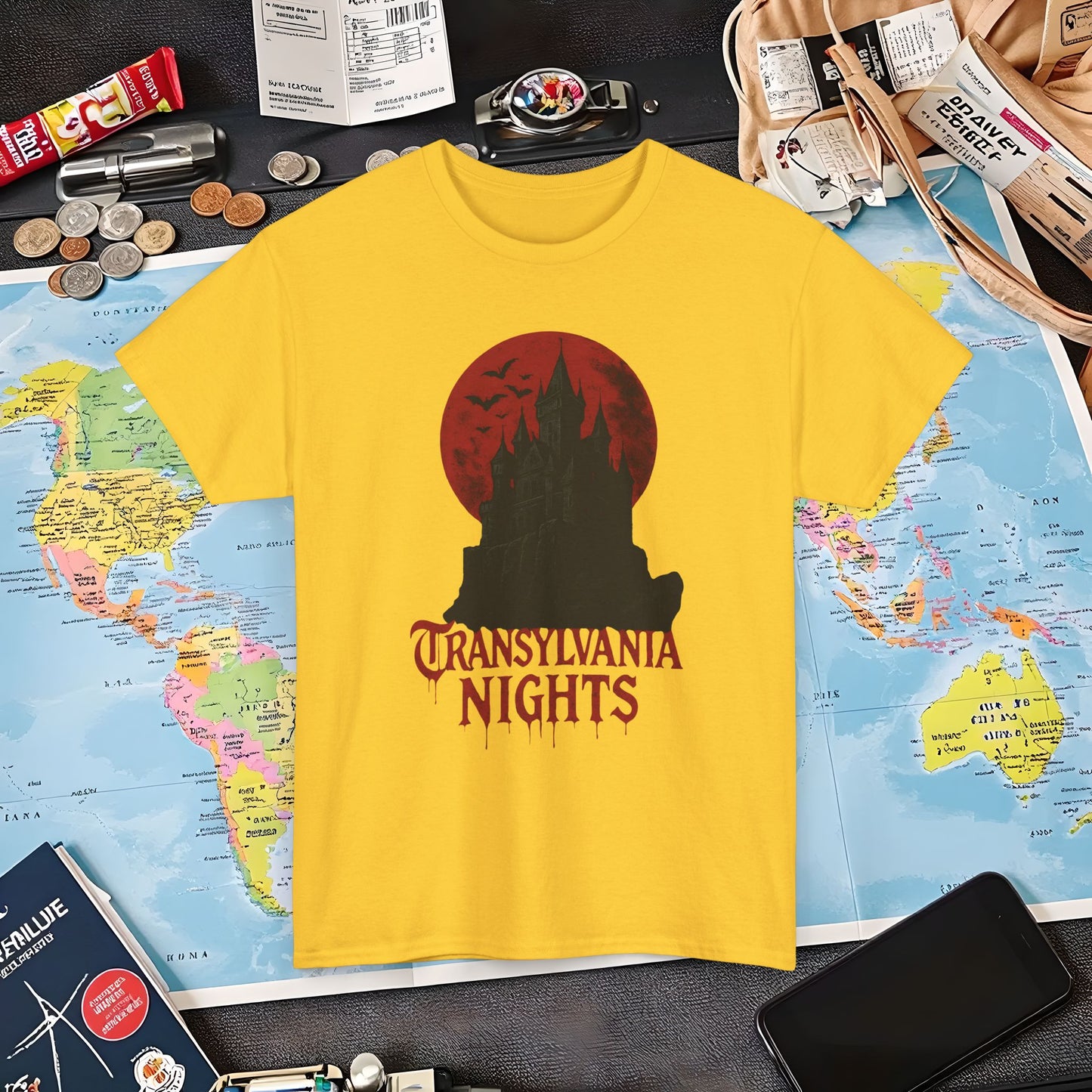 Transylvania Nights Tee – Gothic Castle Under Crimson Moon | Layover Club Air Travel T-Shirts | Jetsetter, Airport, and International Flight Tees