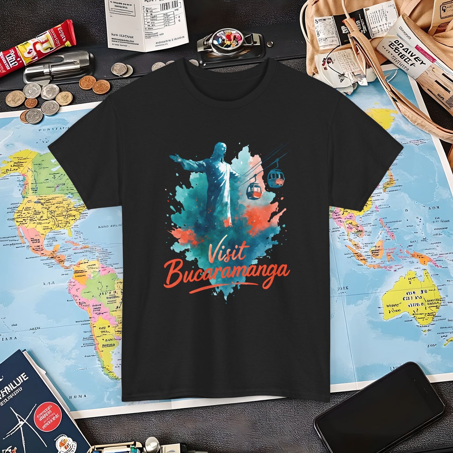 Cerro del Santísimo & Cable Car – Vibrant Watercolor Colombia Travel Tee | Layover Club Air Travel T-Shirts | Jetsetter, Airport, and International Flight Tees