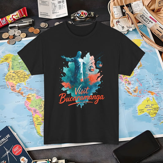 Cerro del Santísimo & Cable Car – Vibrant Watercolor Colombia Travel Tee | Layover Club Air Travel T-Shirts | Jetsetter, Airport, and International Flight Tees