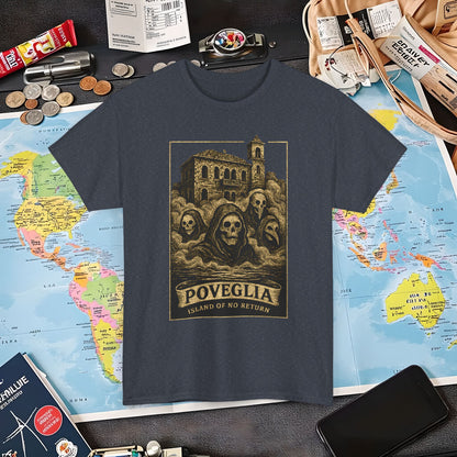 Poveglia Haunt – Ghostly Apparitions in Venetian Fog Tee – Haunted Italy Travel Shirt | Layover Club Air Travel T-Shirts | Jetsetter, Airport, and International Flight Tees