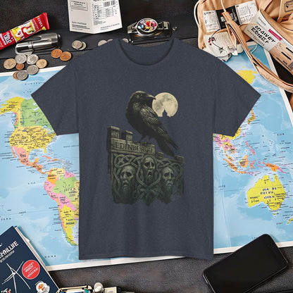 Gothic Crow on Edinburgh’s Haunted Battlements Tee – Dark Tourism Scotland Shirt | Layover Club Air Travel T-Shirts | Jetsetter, Airport, and International Flight Tees