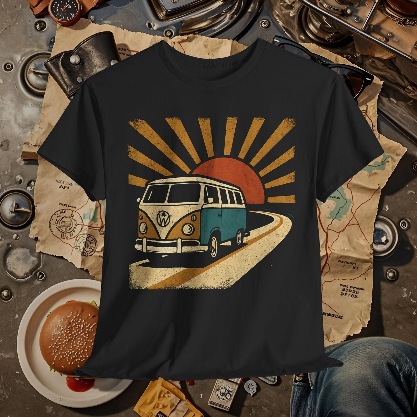 Sunset Road Trip T-Shirt – Vintage VW Van Adventure Design