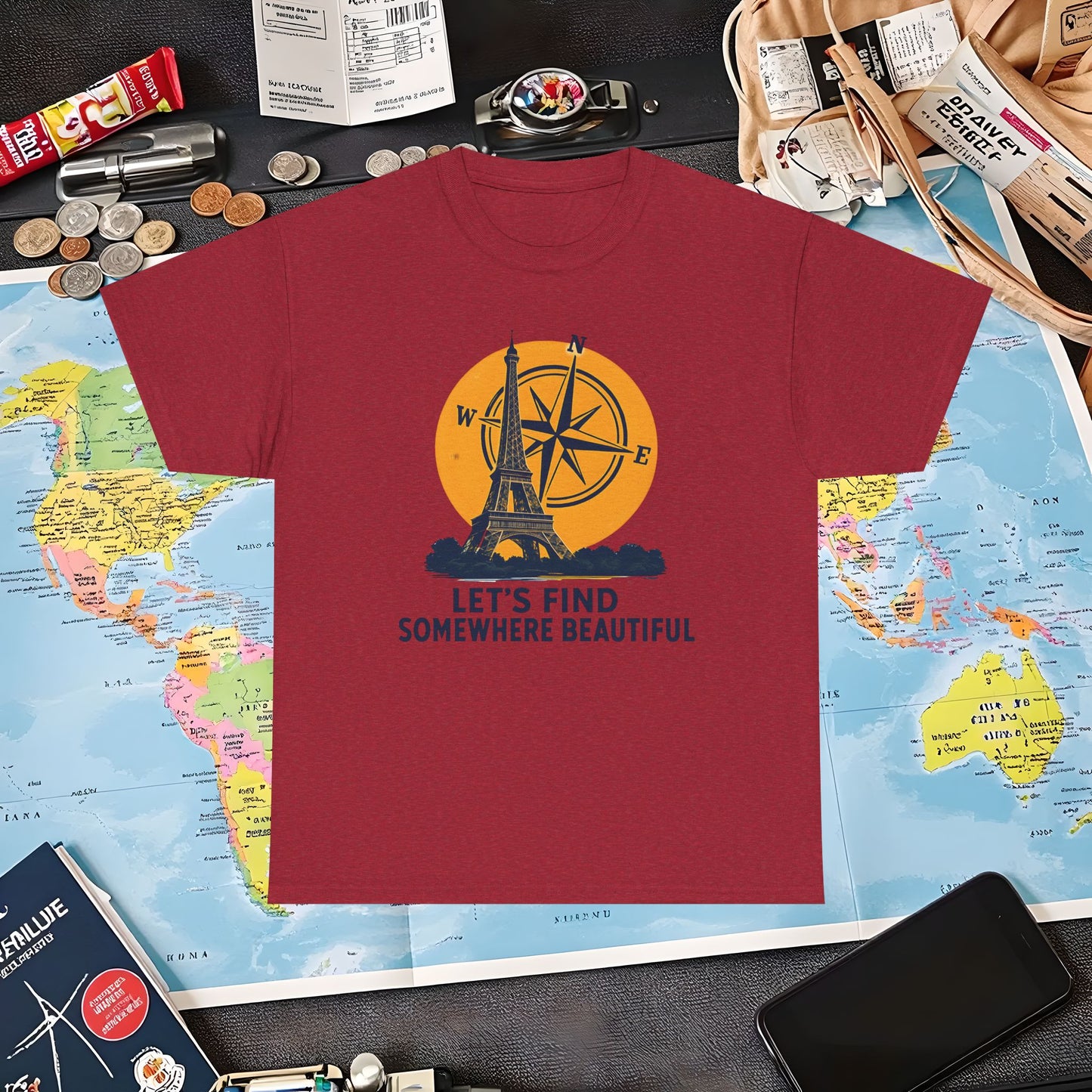 Eiffel Tower and Compass T-Shirt – Let’s Find Somewhere Beautiful Adventure Design Air Travel T-Shirts | Jetsetter, Airport, and International Flight Tees