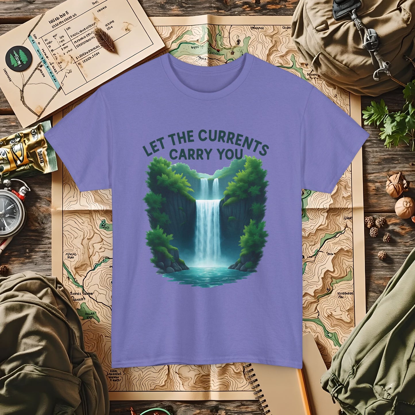 Let the Currents Carry You T-Shirt – Waterfall Escape Design Camping, Hiking, Rafting & Kayaking Tees for Nature Lovers