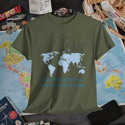 Come Fly With Me T-Shirt – Heart-Loop Airplane Over World Map Design Air Travel T-Shirts | Jetsetter, Airport, and International Flight Tees