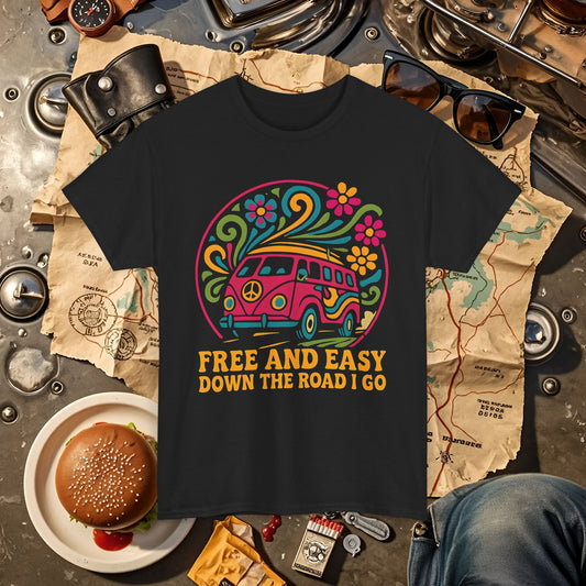 Free and Easy T-Shirt – Retro Hippie Van with Floral Freedom Vibes