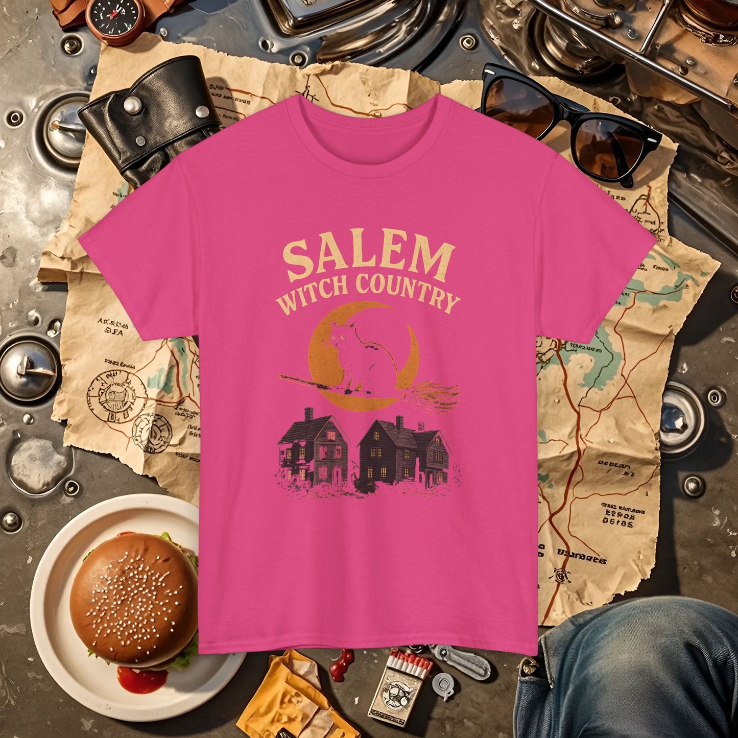 Salem Witch Country Black Cat & Moon Graphic Tee – Gothic Massachusetts Travel Shirt | Car, RV, and Motorcycle Adventure Tees