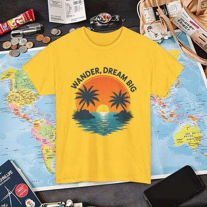 Wander Dream Big T-Shirt – Tropical Sunset with Palm Silhouettes Design Air Travel T-Shirts | Jetsetter, Airport, and International Flight Tees