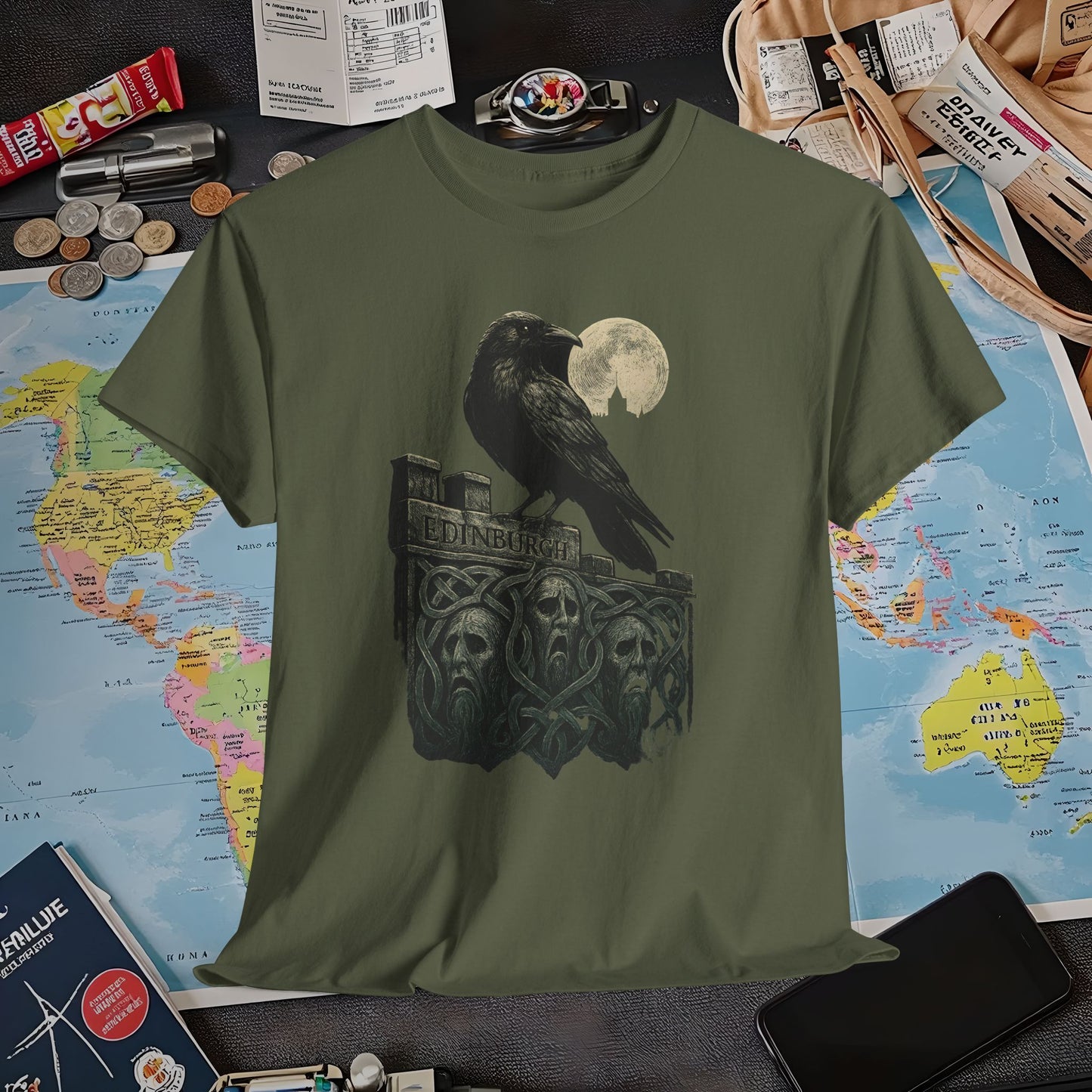 Gothic Crow on Edinburgh’s Haunted Battlements Tee – Dark Tourism Scotland Shirt | Layover Club Air Travel T-Shirts | Jetsetter, Airport, and International Flight Tees