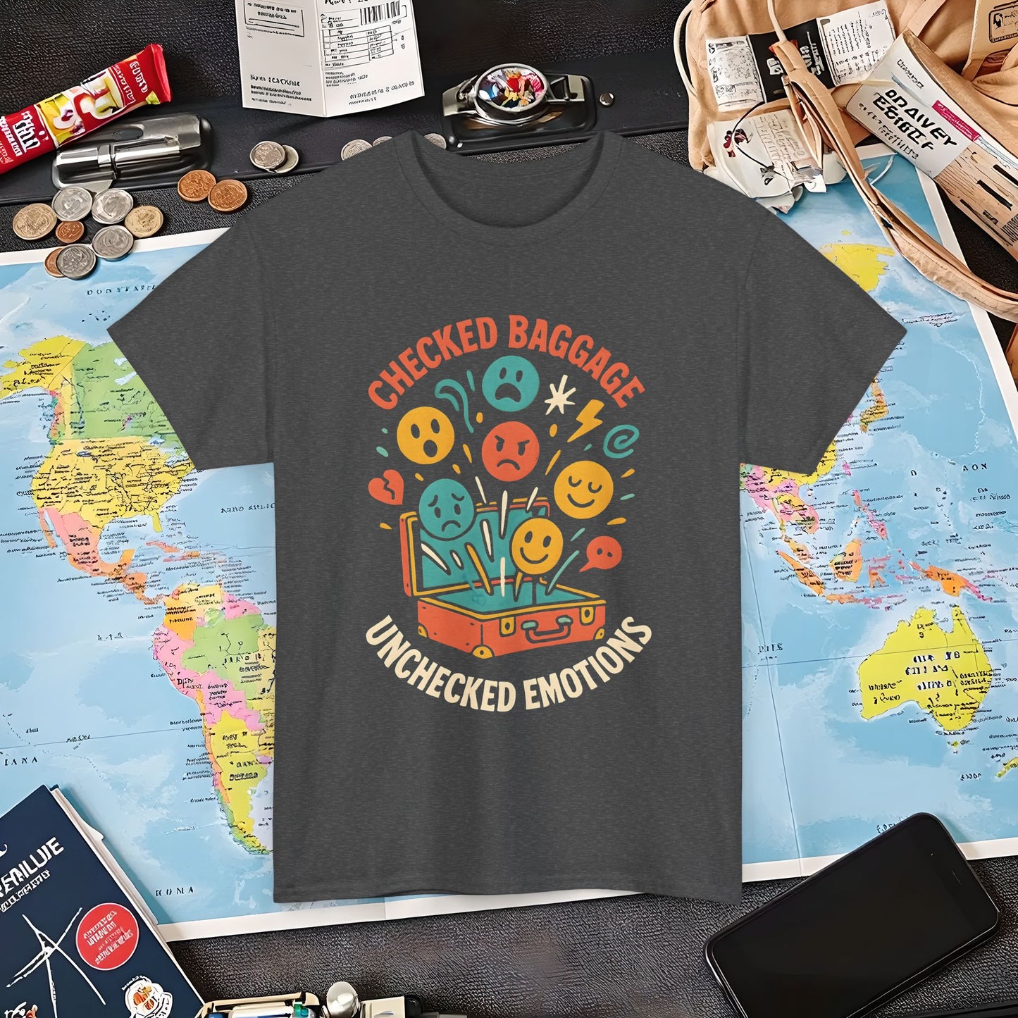 Checked Baggage Unchecked Emotions T-Shirt – Vintage Emoticons Luggage Travel Tee for Emotional Travelers Air Travel T-Shirts | Jetsetter, Airport, and International Flight Tees
