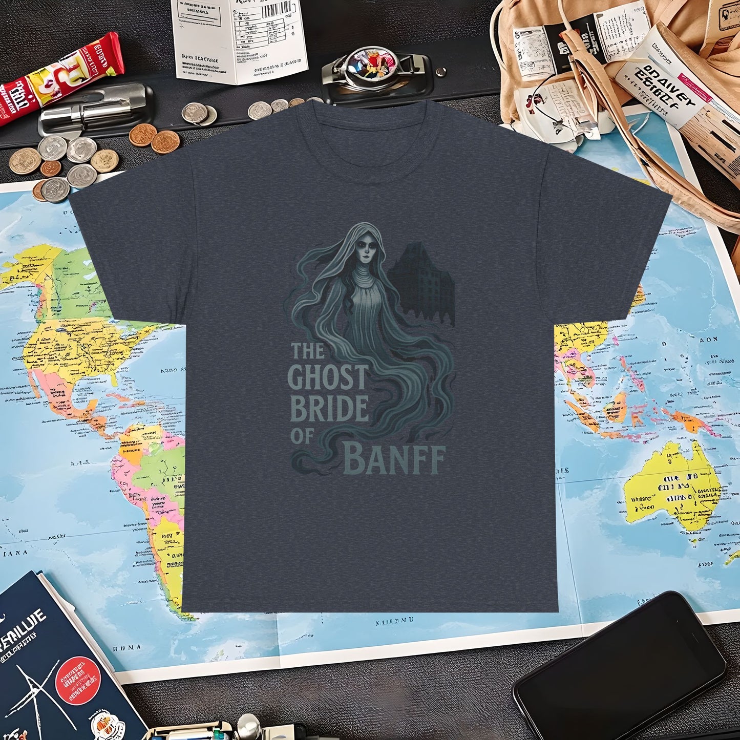 Ghostly Bride at Banff Springs Hotel Shirt – Haunted Canadian Hotel Dark Tourism Tee | Layover Club Air Travel T-Shirts | Jetsetter, Airport, and International Flight Tees
