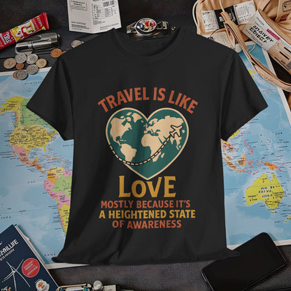 Travel Is Like Love – Heart Map Quote Tee with Airplane Path | Layover Club Air Travel T-Shirts | Jetsetter, Airport, and International Flight Tees